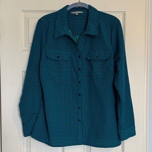NY Collection Teal and Black Windowpane Button-Up Blouse
